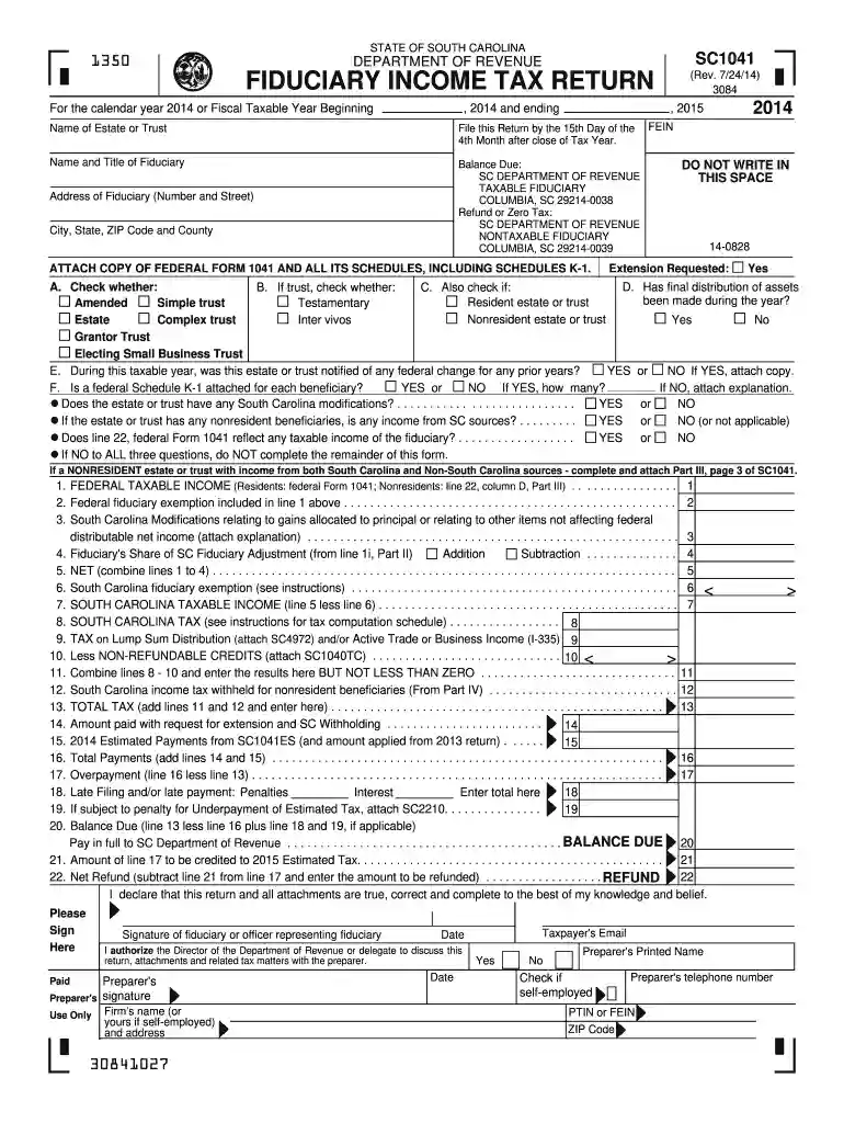 sc form number 1041 2014 Preview on Page 1