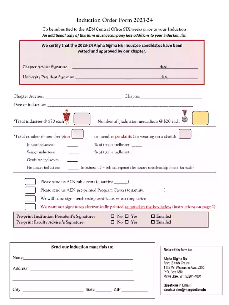 Induction Order Form 2023-24 Preview on Page 1