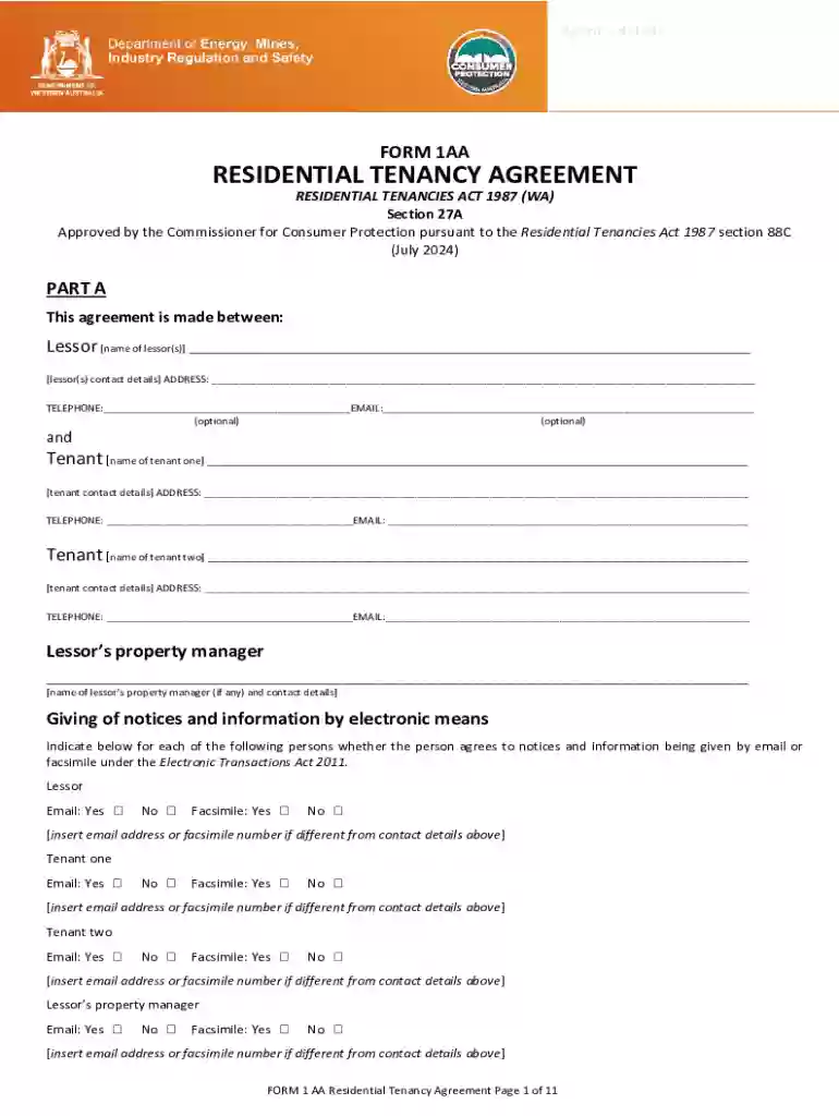 FORM 1 AA Residential Tenancy Agreement Preview on Page 1