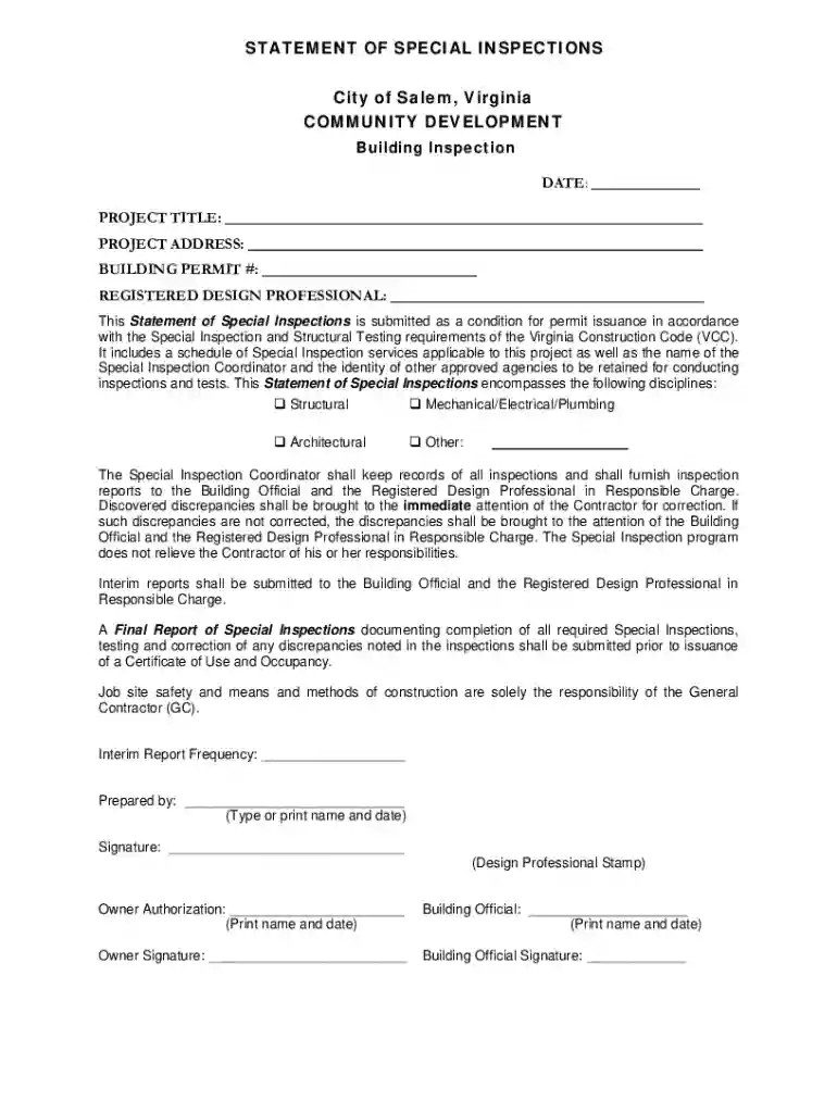 City of Salem, Virgina Guide to Special Inspections and Preview on Page 1
