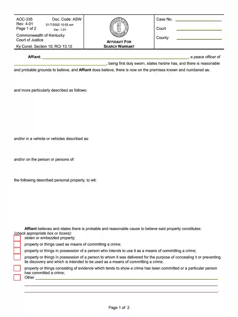 Affidavit for Search Warrant - Forms Preview on Page 1