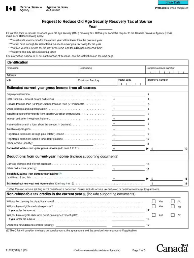 T1213(OAS)Request to Reduce Old Age Security Recovery Preview on Page 1
