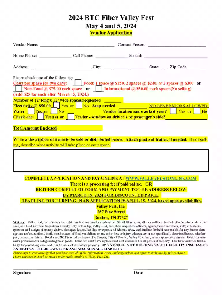 Valley Fest, Dunlap, TNVendor Form Preview on Page 1