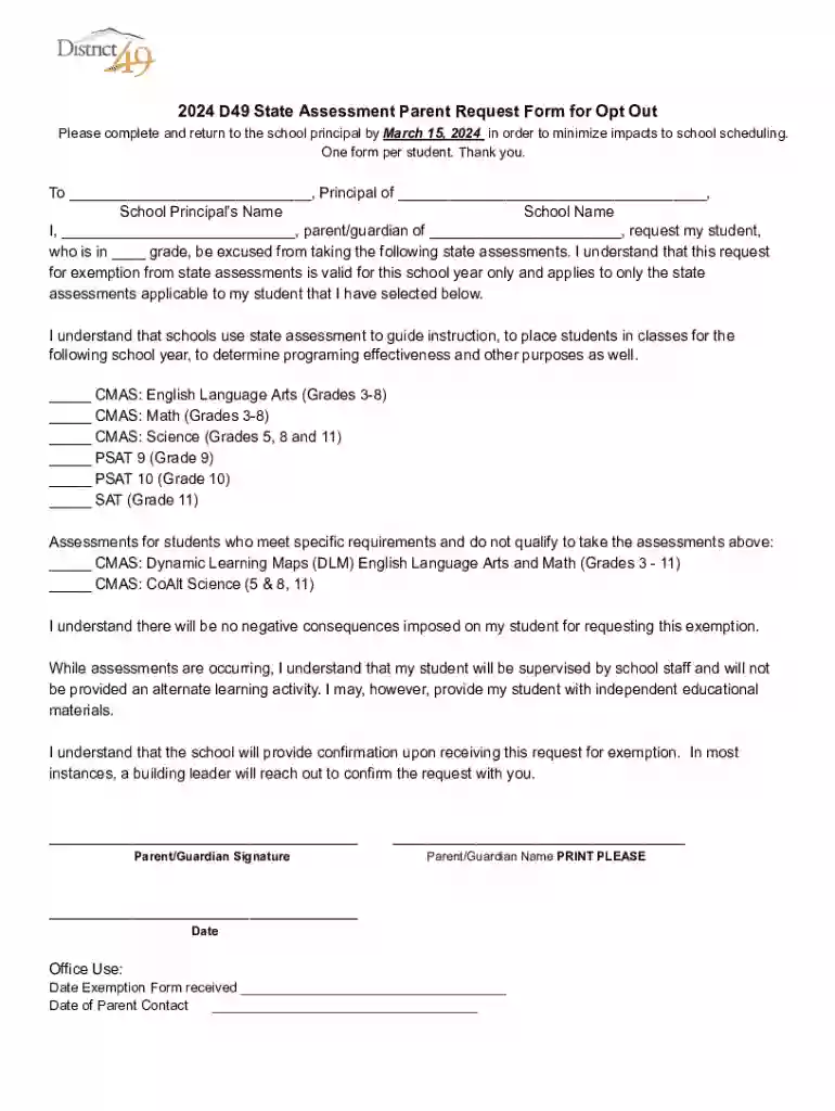 D49 State Assessment Opt Out Request Form 2024 Preview on Page 1
