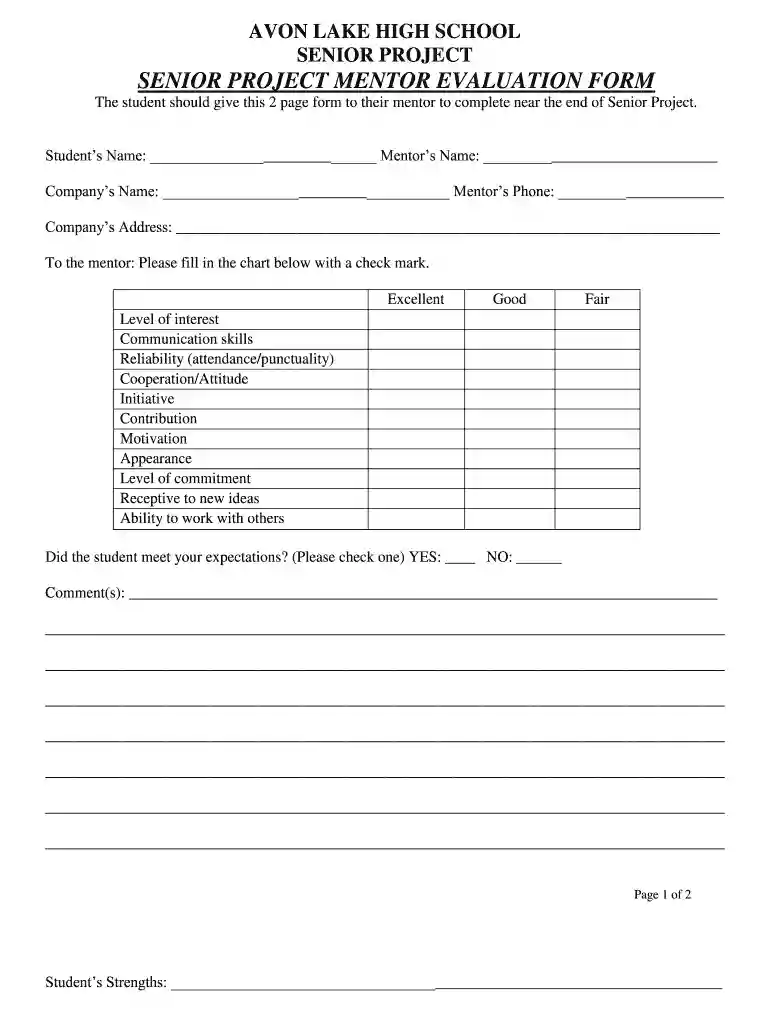Senior project mentor evaluation form - Avon Lake City Schools Preview on Page 1