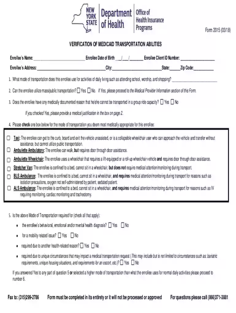 Medicaid Transportation Verification Form 2015 Preview on Page 1