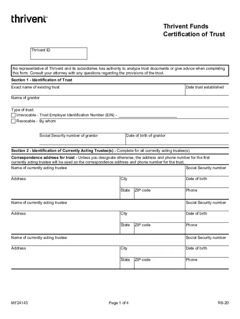 Certification of Trust form MF24143 Form MF24143 for authorizing ownership of a mutual fund account Preview on Page 1
