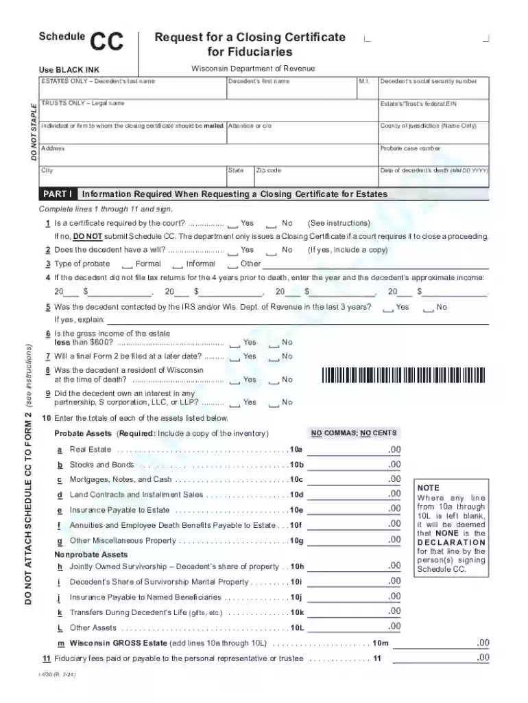 Wisconsin, Sch CC: Request for a Closing Certificate for Preview on Page 1