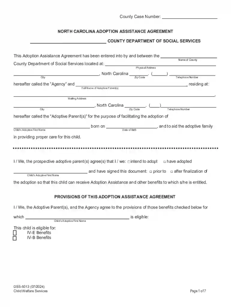DSS-5013: North Carolina Adoption Assistance Agreement Preview on Page 1