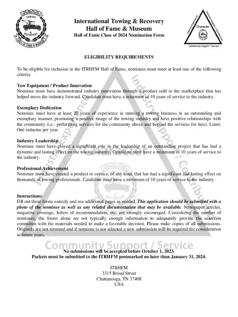 Hall of Fame Nomination Form - International Towing Preview on Page 1