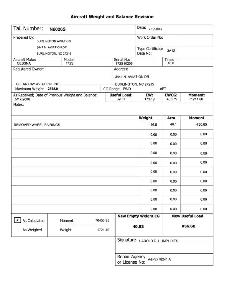 aircraft weight balance form Preview on Page 1