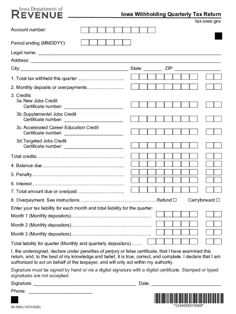 Iowa Withholding Quarterly Tax Return Preview on Page 1