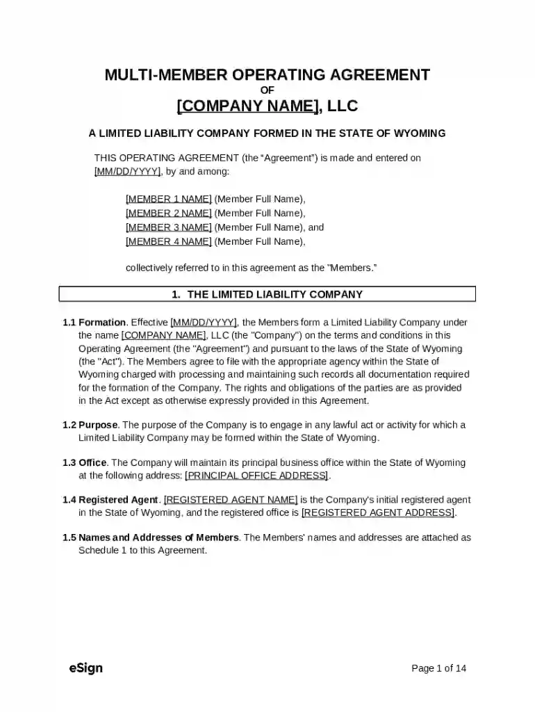 Wyoming LLC Operating Agreement (Free 2024 Template) Preview on Page 1