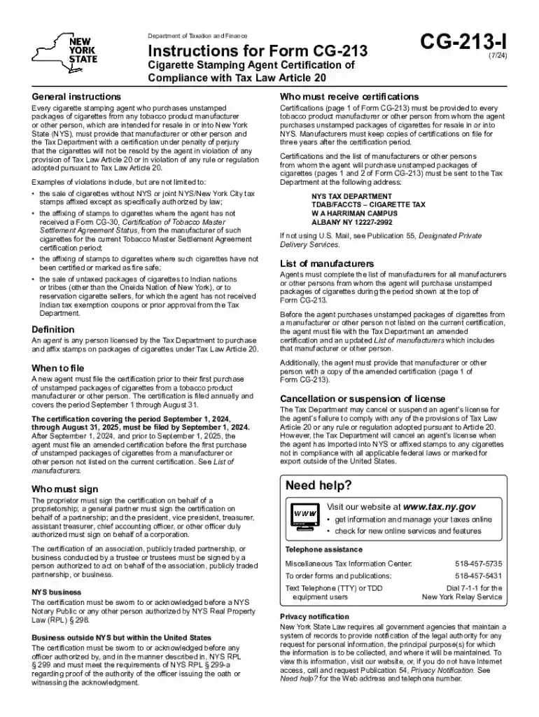 Instructions for Form CG-213 Cigarette Stamping Agent Certification of Compliance with Tax Law Artic Preview on Page 1