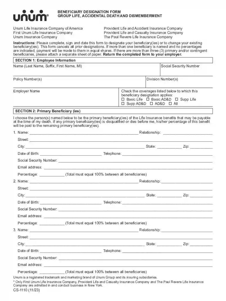 unum beneficiary designation form Preview on Page 1