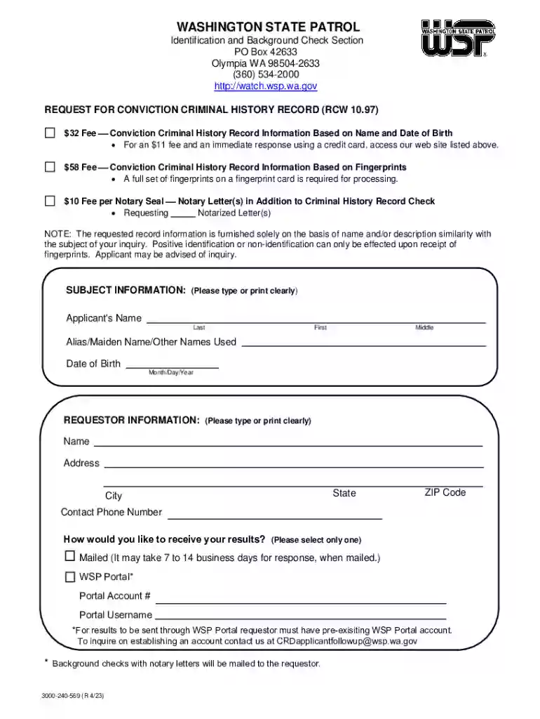 Request for Conviction Criminal History Record (RCW 10 97), R 7 19 Washington State Patrol Criminal Preview on Page 1
