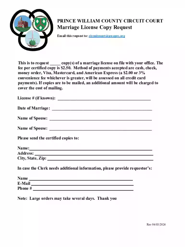 Marriage License Copy Request Preview on Page 1