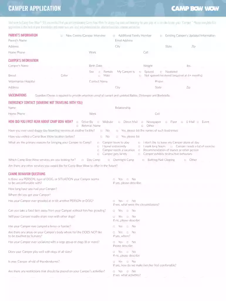 camp bow wow camper application Preview on Page 1