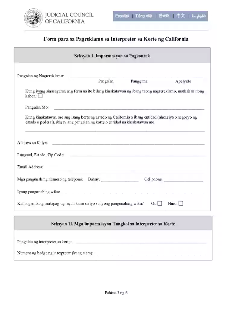 211386taCalifornia Court Interpreter Complaint Form and InstructionsTAGALOGa3zFORMATTED DR Preview on Page 1