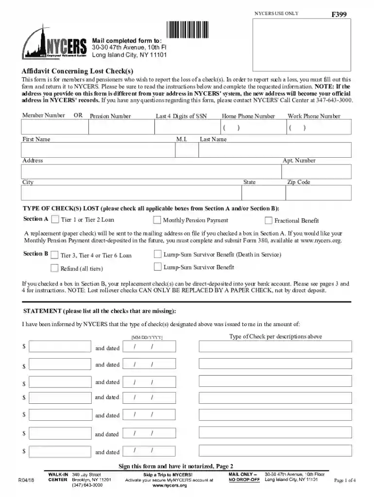 Affidavit Concerning Lost Check Form #399 Preview on Page 1