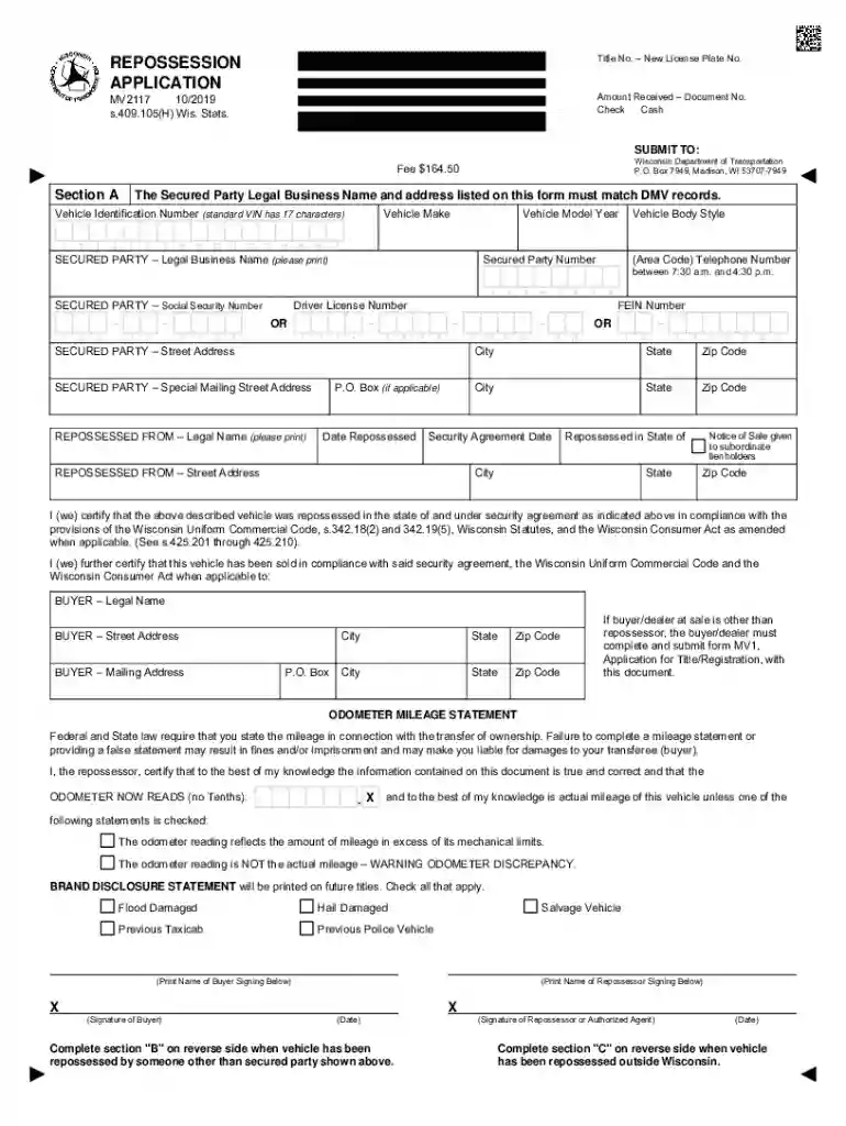repossession application form Preview on Page 1