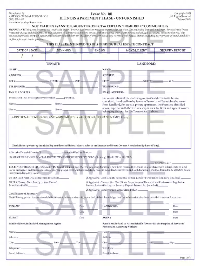 Illinois Unfurnished Apartment Lease Preview on Page 1