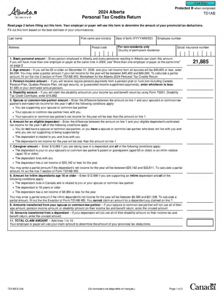 Worksheet for the 2024 Alberta Personal Tax Credits Return Preview on Page 1