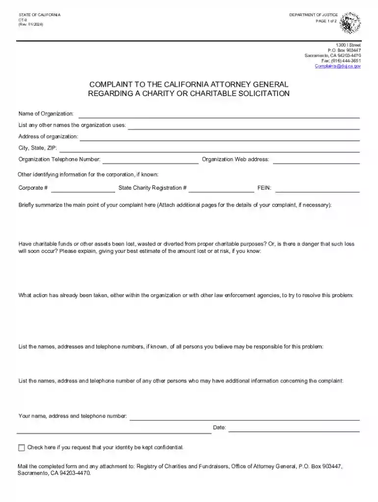 Complaint to the California Attorney General Regarding a Charity or Charitable Solicitation Preview on Page 1