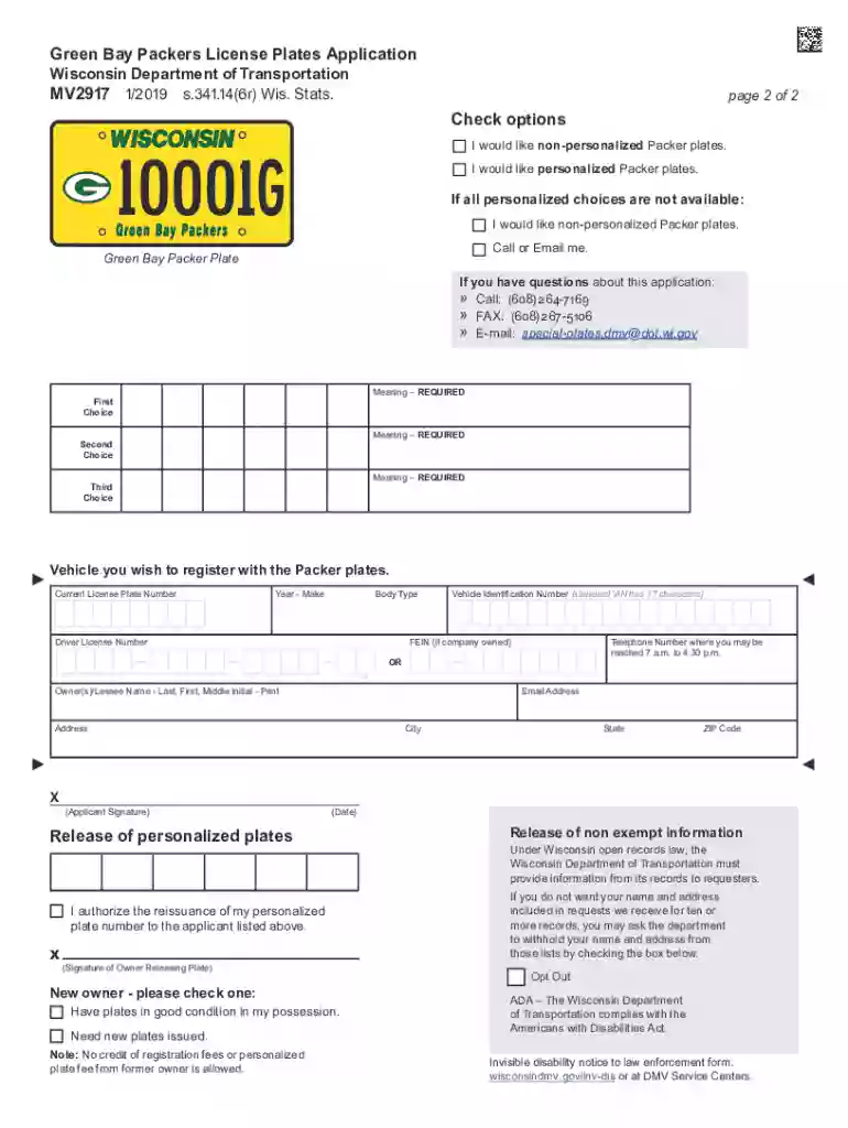 MV2917 Green Bay Packer License Plates Information and Application MV2917 - Information and applicat Preview on Page 1