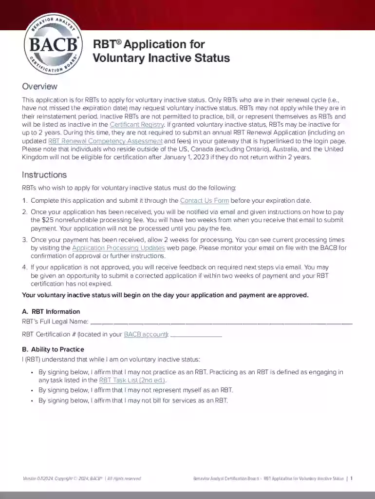 rbt voluntary inactive status form Preview on Page 1