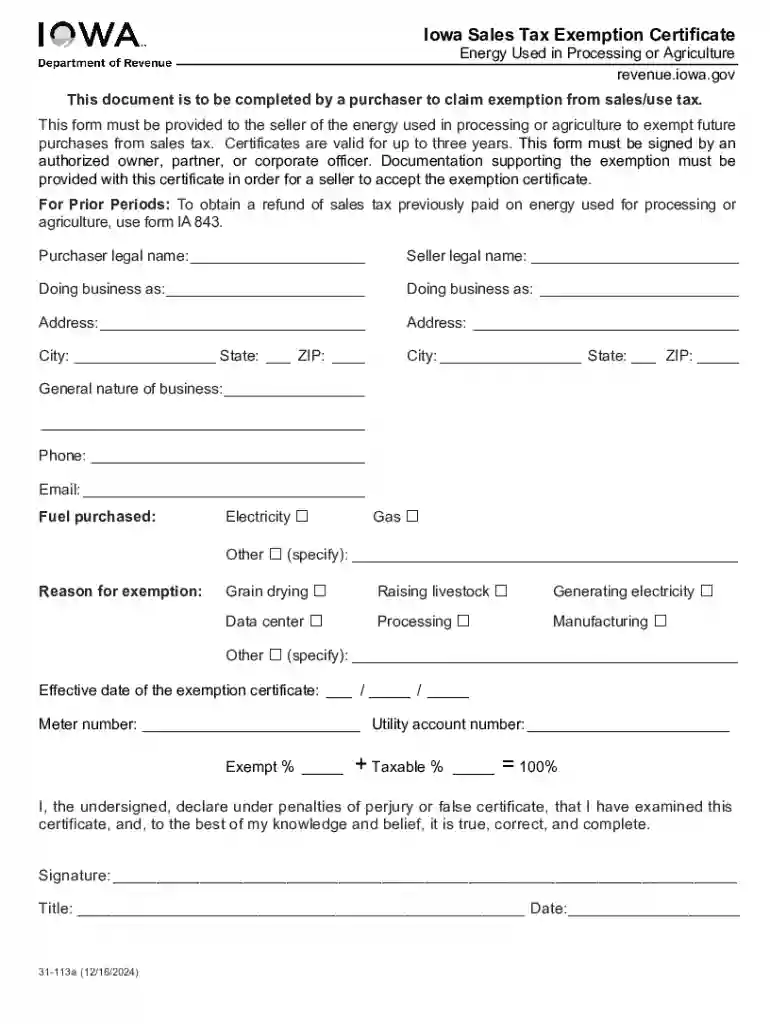 Iowa Sales Tax Exemption Certificate Preview on Page 1