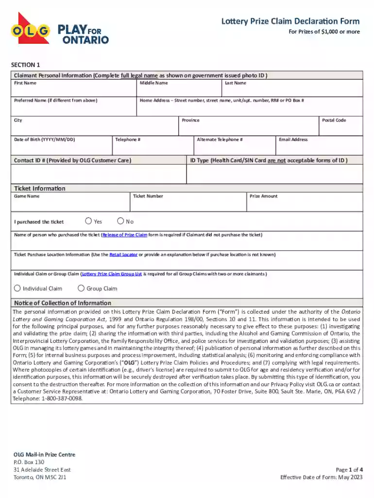 olg lottery prize claim declaration Preview on Page 1