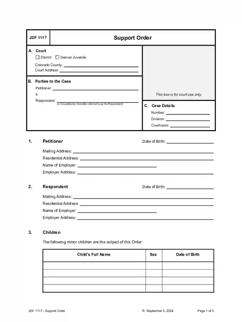 JDF 1117 Support Order Preview on Page 1