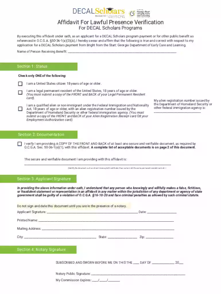 Affidavit for Lawful Presence Verification Preview on Page 1