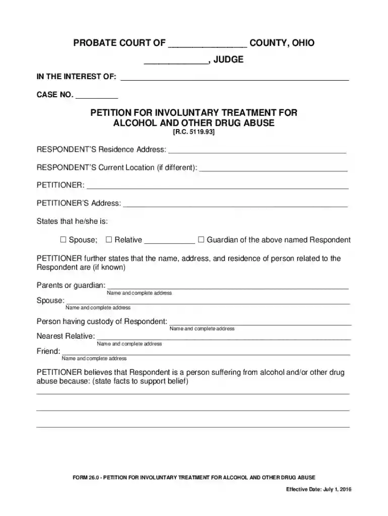 Petition for Involuntary Treatment for Alcohol and Other Drug Abuse Preview on Page 1