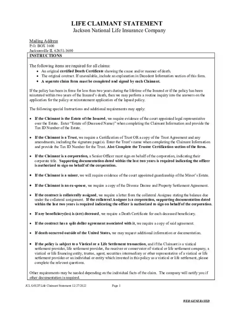 Life Claimant Statement Preview on Page 1