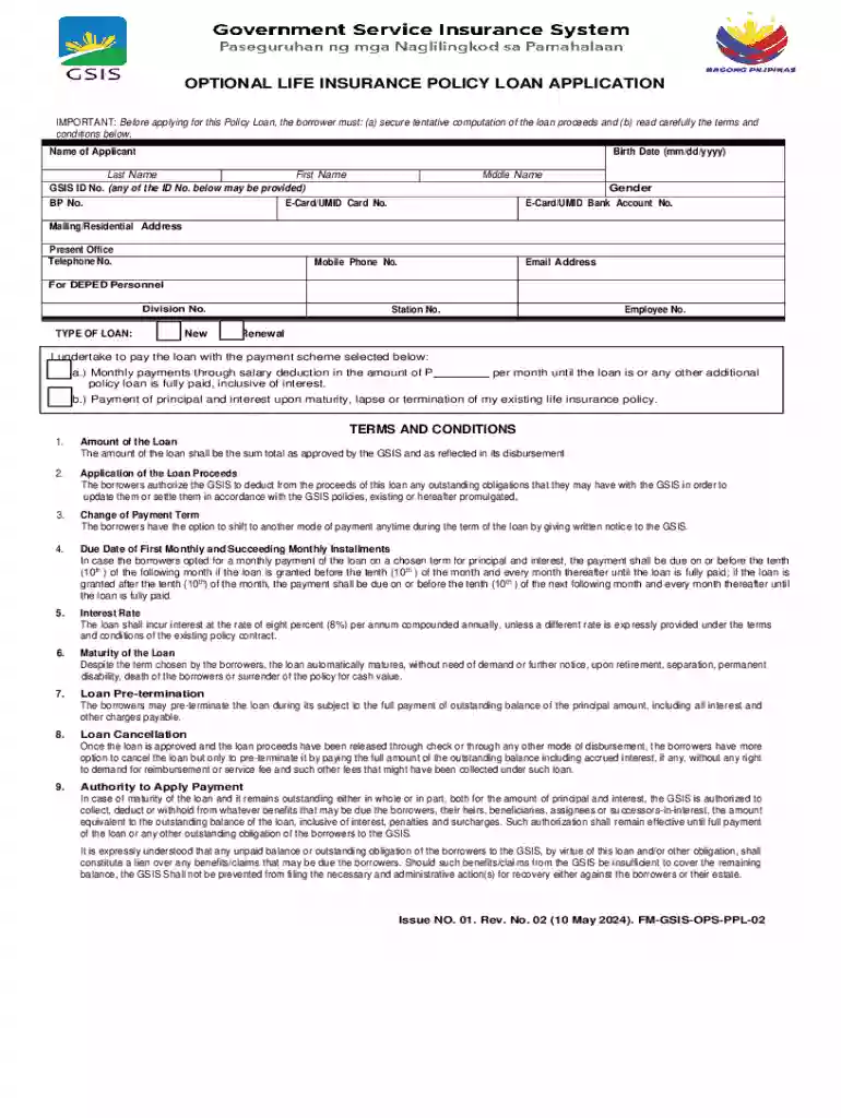 GSIS Optional Life Insurance Policy Loan Application Preview on Page 1