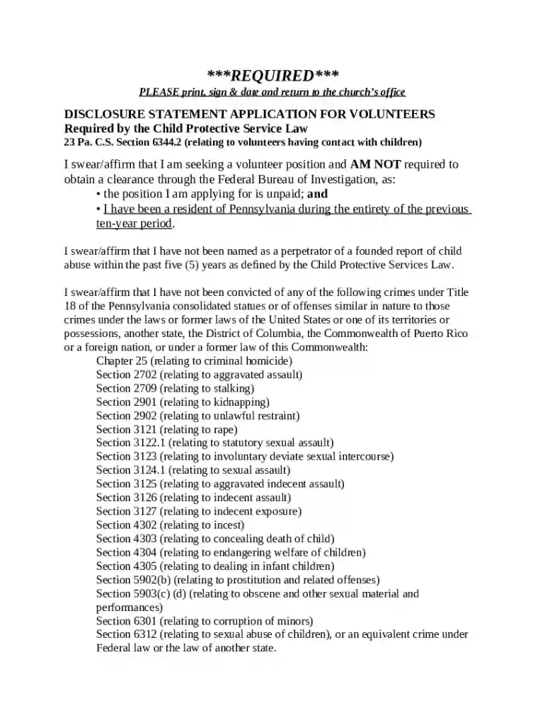 Disclosure Statement Application for Volunteers Preview on Page 1