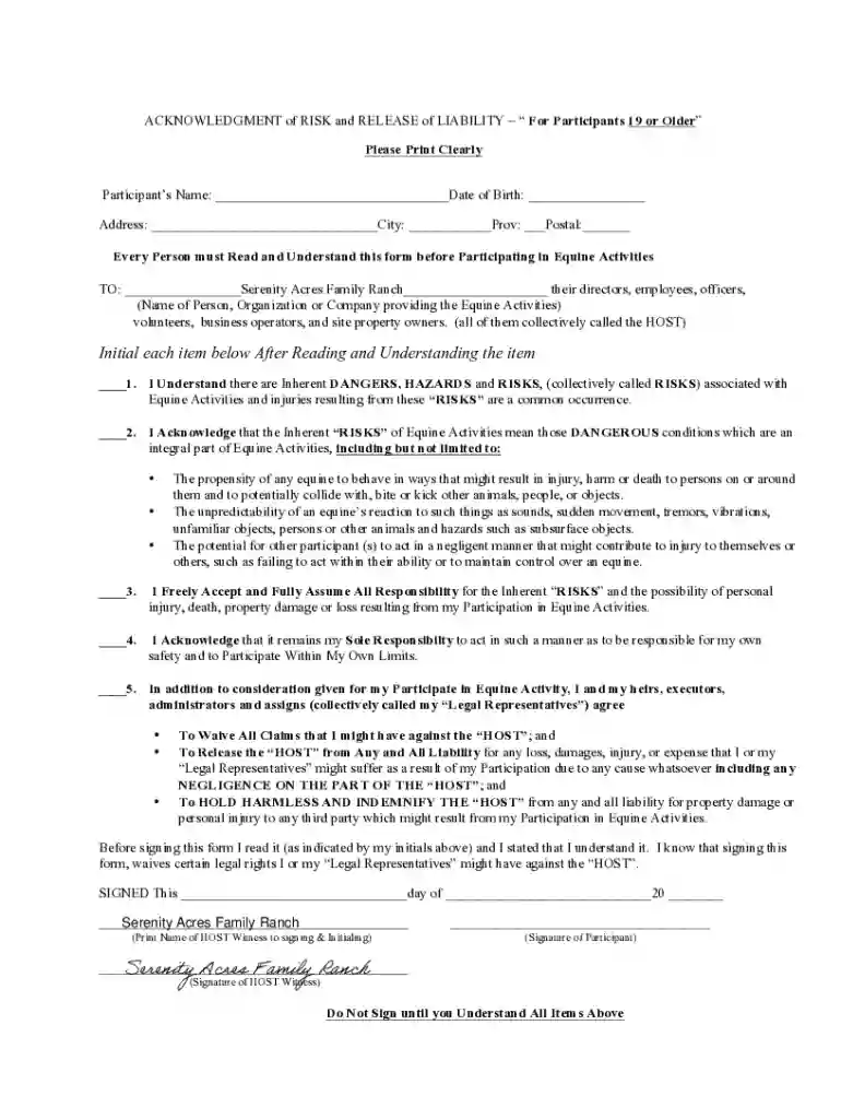 Acknowledgment of Risk and Release of Liability Preview on Page 1