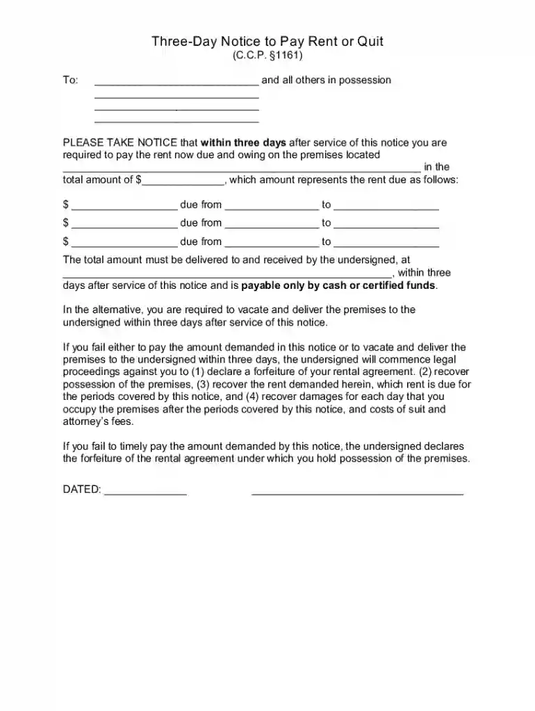 Three-day Notice to Pay Rent or Quit Preview on Page 1