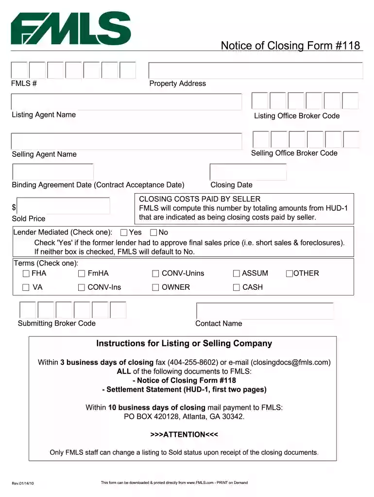 Notice of Closing Form #118 - MLSConnect.US Preview on Page 1