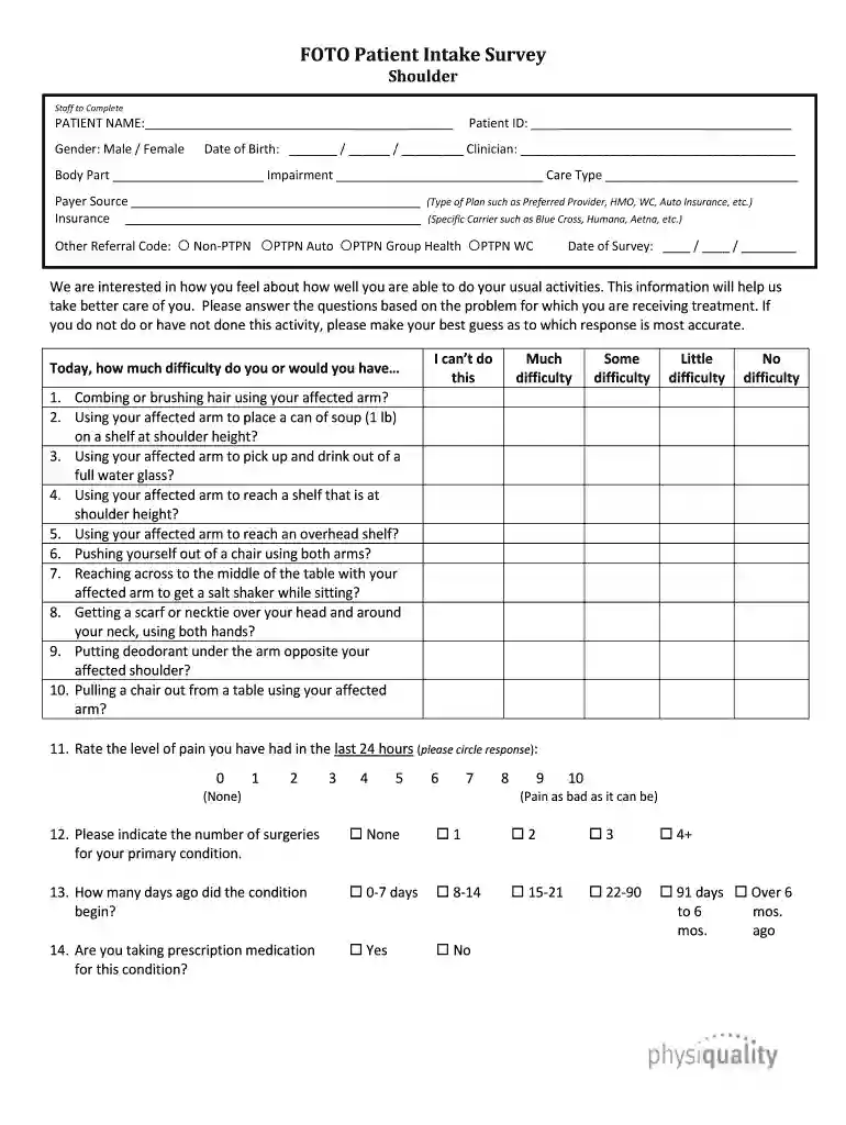FOTO Patient Intake Survey Shoulder Preview on Page 1