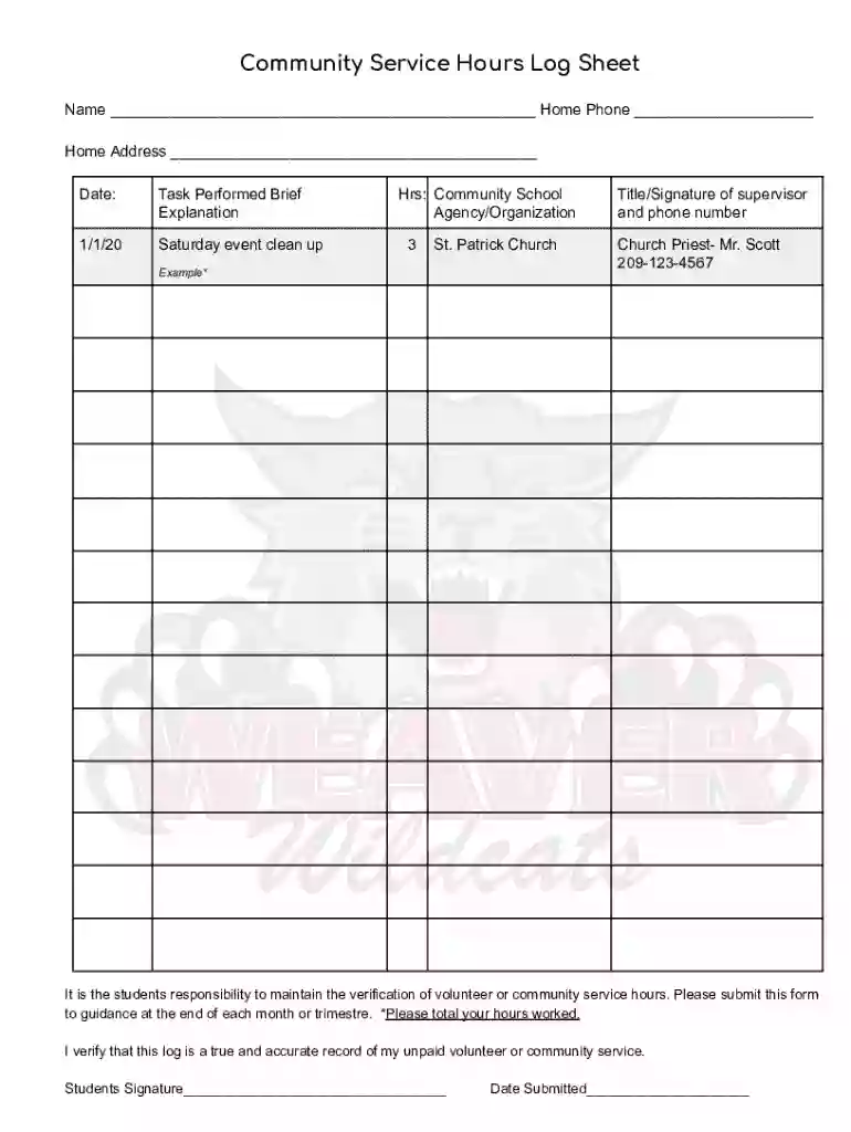 Community Service Hours Log Sheet Preview on Page 1