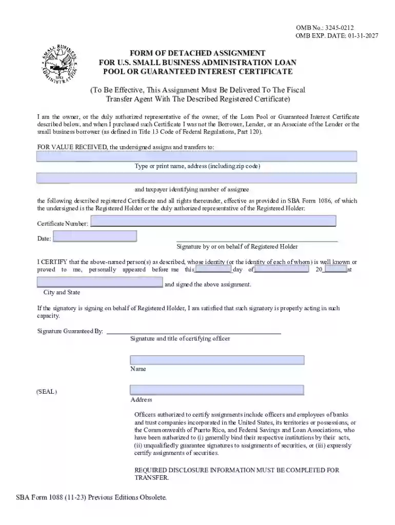 Form of Detached Assignment for U S Small Business Administration Loan Pool or Guaranteed Interest C Preview on Page 1