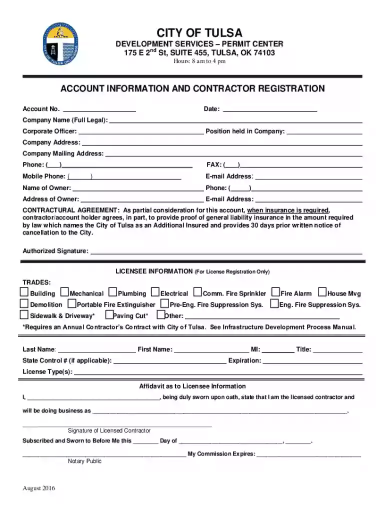 City of Tulsa Contractor Registration Form Preview on Page 1
