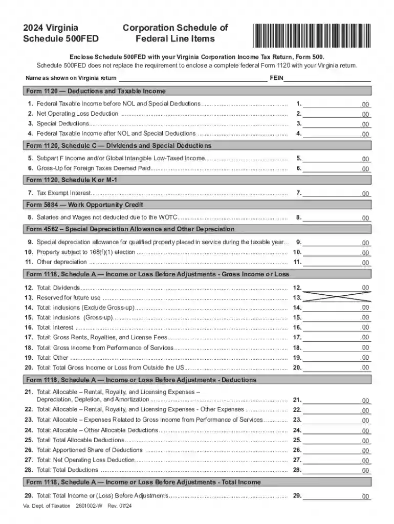 Virginia Corporation Schedule 500FED Preview on Page 1