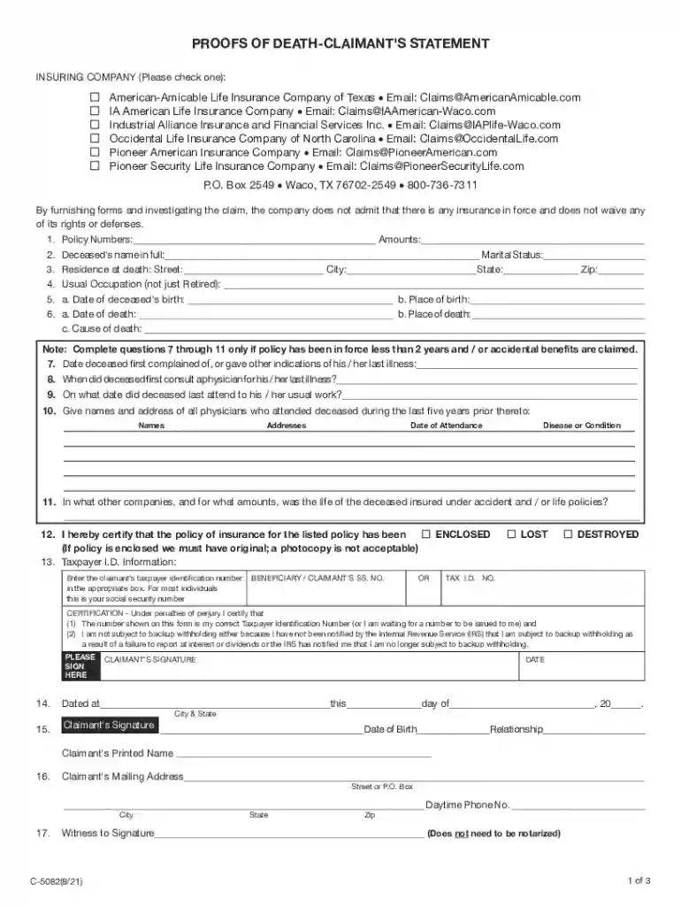 Proof of Death Claimant's Statement Preview on Page 1