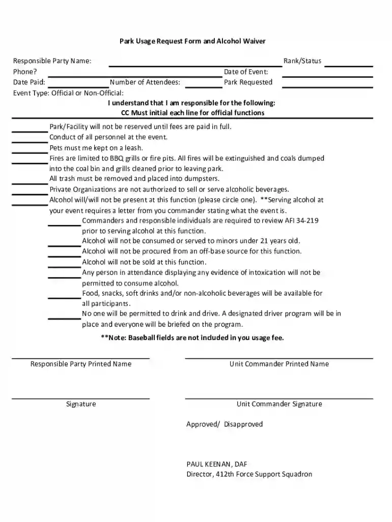 Park Usage Request Form and Alcohol Waiver Preview on Page 1