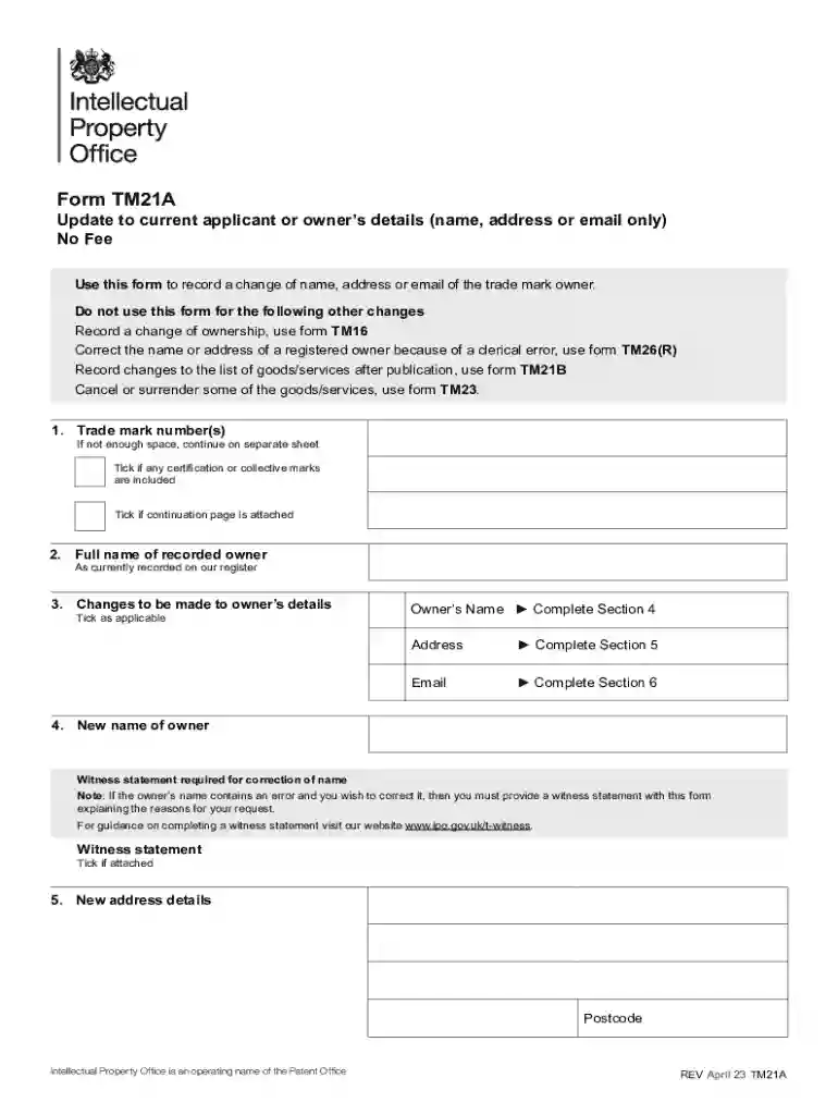 Form TM21A for recordal of change of owner's name, address Preview on Page 1