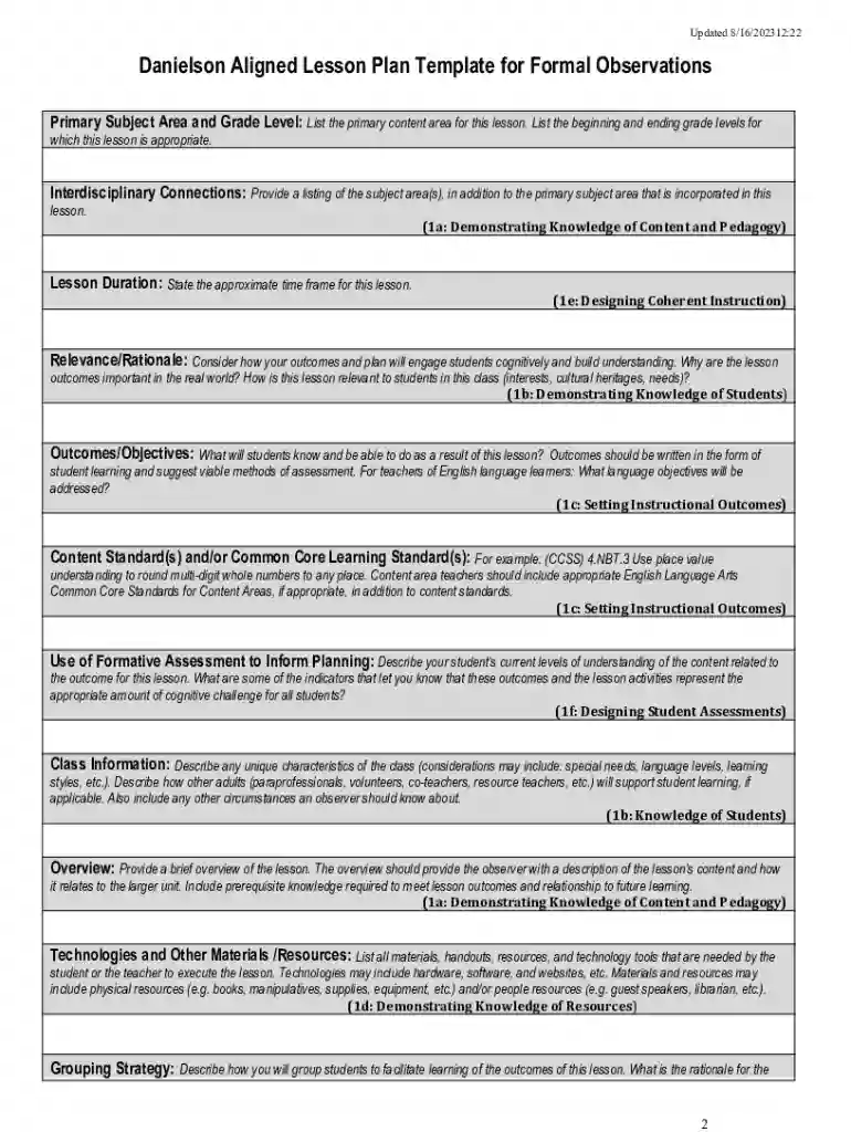 Danielson Aligned Lesson Plan Template for Formal Observations Preview on Page 1